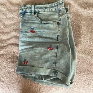 Cherry Embroidered Denim Shorts